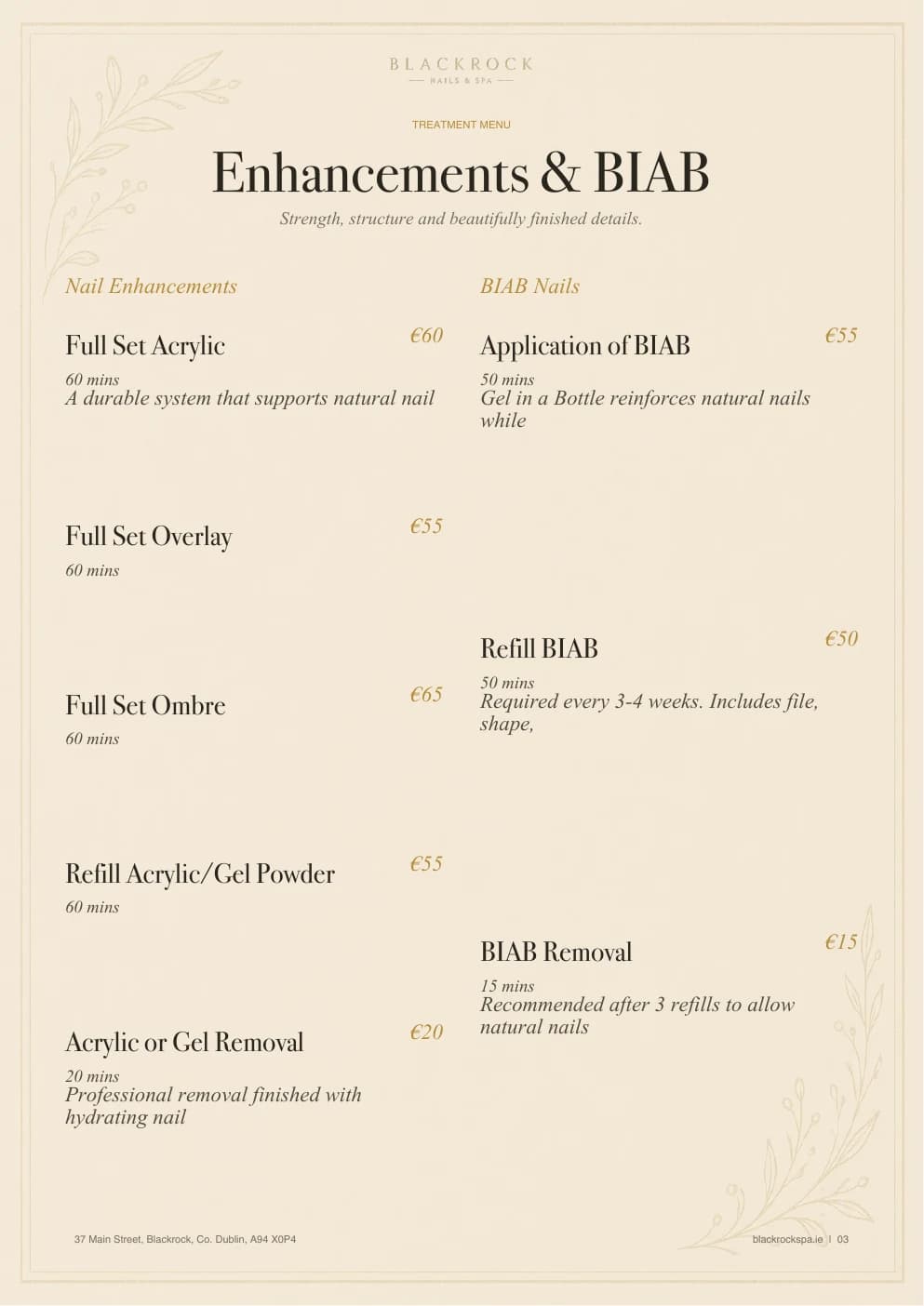 Enhancements and BIAB treatment menu