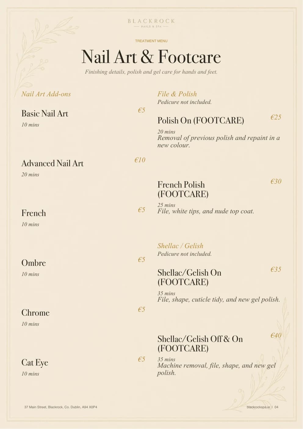 Nail art and footcare treatment menu