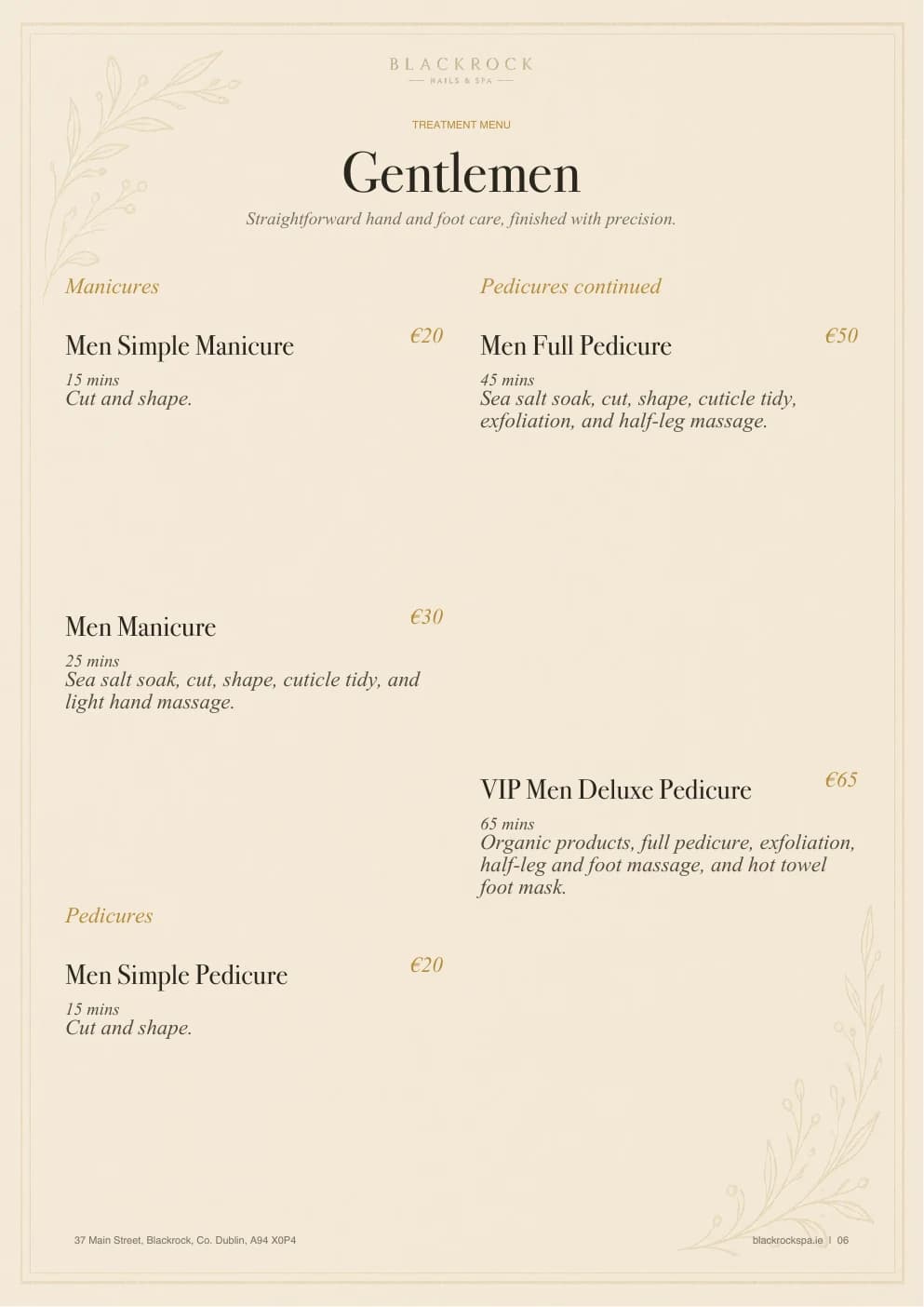 Gentlemen's treatment menu