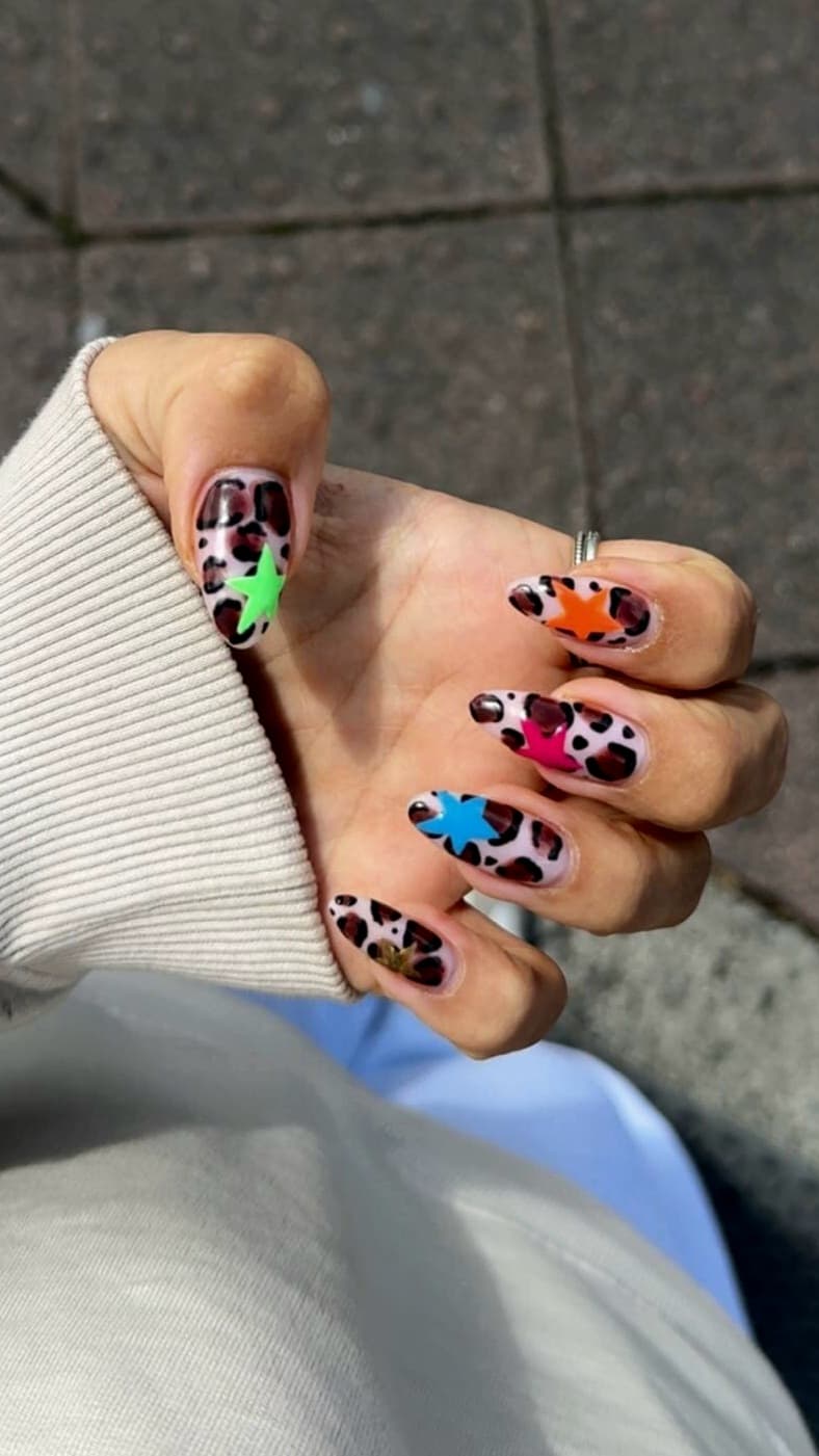 Colourful leopard and star manicure by Blackrock Nails & Spa